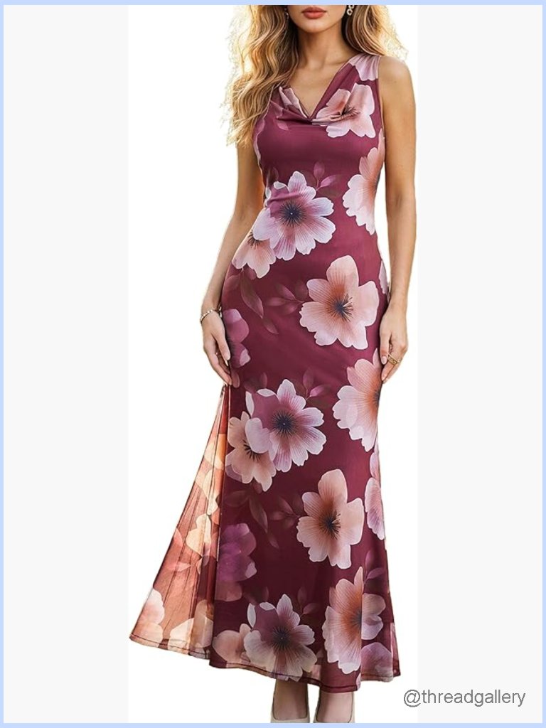 Formal Cowl Neck Mermaid Maxi Dress Sleeveless Bodycon Floral Spring Summer